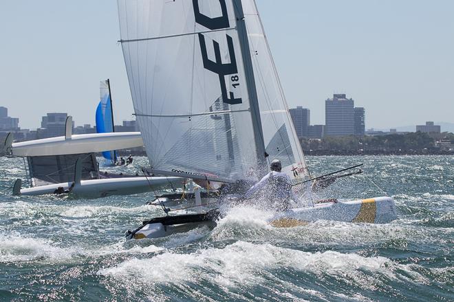 Keeping on racing is important when all are falling dominoes flies around you – Gavin and Mark Parker. - Pinkster Gin 2017 F18 Australian Championship ©  Alex McKinnon Photography http://www.alexmckinnonphotography.com